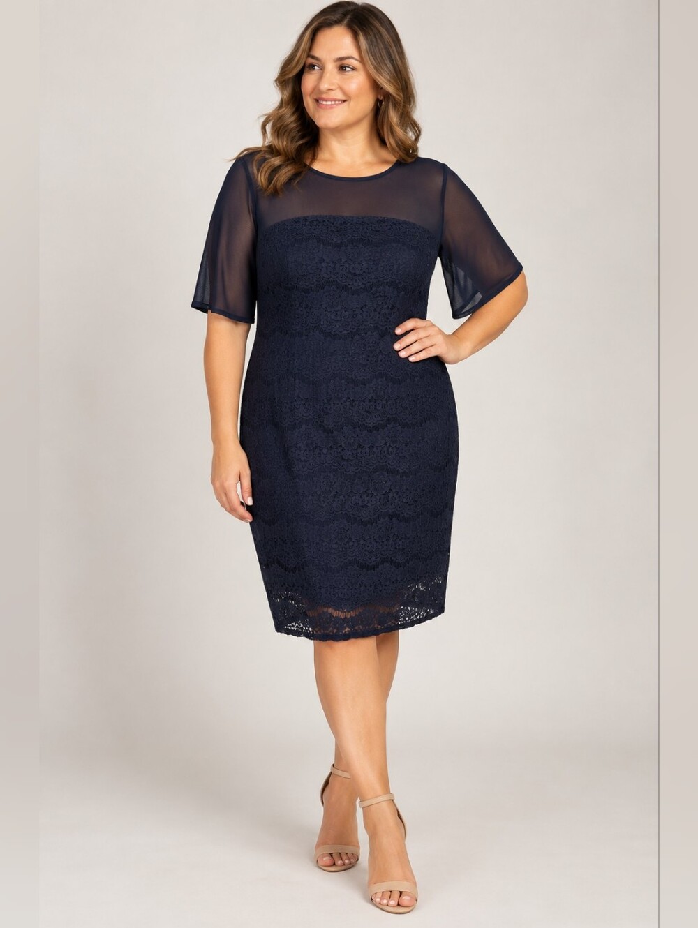 Hope & Harlow Elegant Navy Lace Sheath Dress with Sheer Sleeve Overlay, Size 12